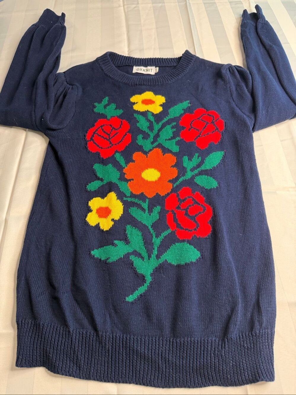 OXKNIT Navy Blue Floral Rose Retro Puff Sleeve Sweater Size Small - Picture 8 of 11